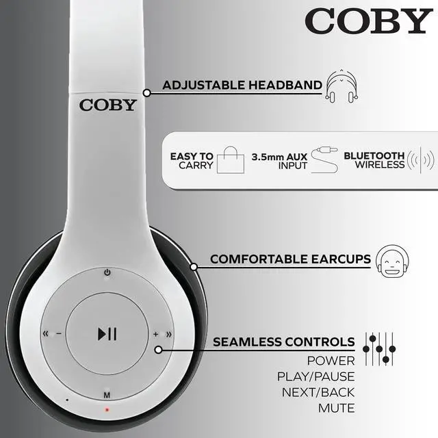 Alt view image 3 of 5 - Coby Wireless & Wired Headphones - Bluetooth Over-Ear Headset with Mic, Foldable, HiFi Stereo, Deep Bass, AUX, 5H Playtime, Hands-Free Calling, Rechargeable, Lightweight for Travel, PC, Phone, Tablet