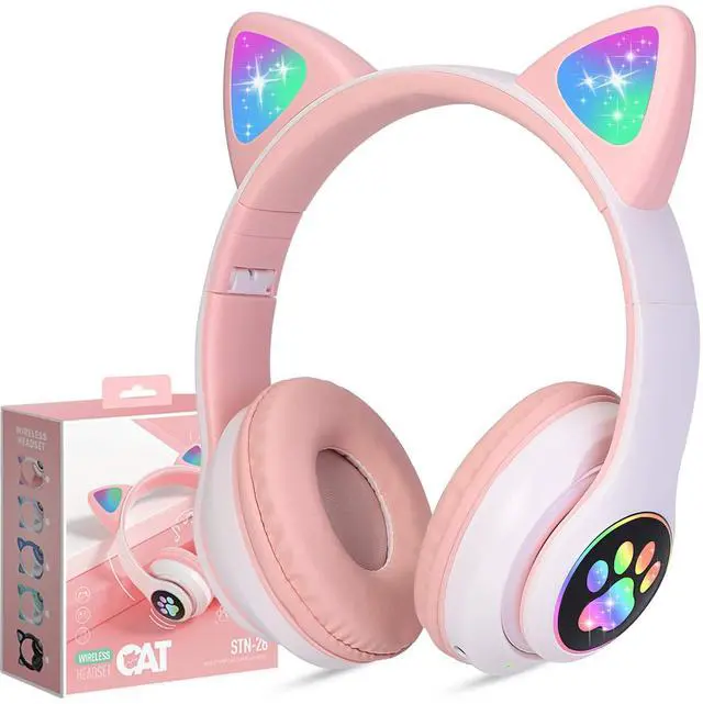 Main image of TCJJ Kids Wireless Headphones - Cat Ear LED Light Up, Bluetooth 5.4, Safe Volume Limit, Noise Cancelling with Mic & TF Card for Girls Boys Toddlers School (Pink)