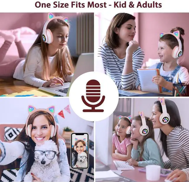 Alt view image 2 of 5 - TCJJ Kids Wireless Headphones - Cat Ear LED Light Up, Bluetooth 5.4, Safe Volume Limit, Noise Cancelling with Mic & TF Card for Girls Boys Toddlers School (Pink)