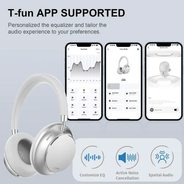 Alt view image 5 of 5 - T-fun NC35 Hybrid Active Noise Cancelling Headphones with Silk Sleep Mask, 360deg Spatial Audio with Head Tracking, Over Ear Headphones Wireless Bluetooth 5.3, 55H Playtime, Hi-Res Audio, APP Control