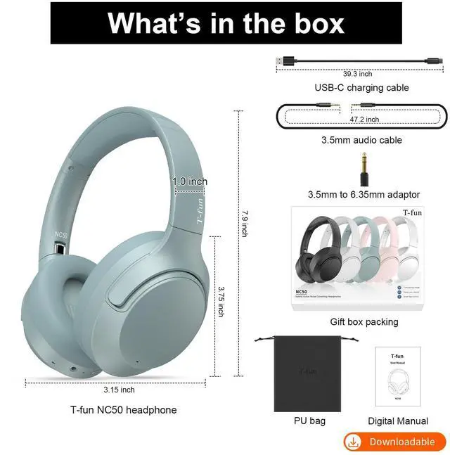Alt view image 5 of 5 - T-fun NC50 Hybrid Active Noise Cancelling Headphones with NC45 Headphones, Wireless Over Ear Bluetooth Headphones with Microphone, 65H Playtime, Deep Bass, Low Latency, Bluetooth 5.3, for Travel Home