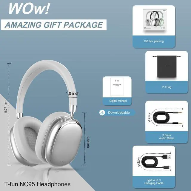 Alt view image 4 of 4 - T-fun NC95 Hybrid Active Noise Cancelling Headphones with Silk Sleep Mask, Over Ear Headphones Wireless Bluetooth 5.3, Built-in Mic, 65H Playtime, App Control, Hi-Res Audio, Comfort Fit, Clear Calls