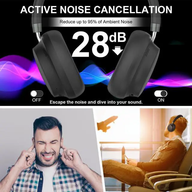 Alt view image 3 of 5 - T-fun NC45 Wireless Bluetooth Noise Cancelling Headphones, with Silk Eye Mask, Comfortable Over Ear Headphones with Mic, 55H Playtime, Hi-Res Audio, Bluetooth 5.3, Low Latency, Custom EQ via App