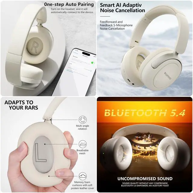 Alt view image 5 of 5 - TOIPINIO Upgraded Hybrid Active Noise Cancelling Headphones, Bluetooth Headphones with a Microphone, Featuring Transparency Mode, Environmental Noise Cancellation,Quick Charge 40H Playtime