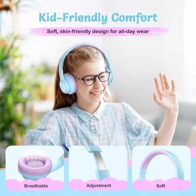 Alt view image 2 of 5 - TONOSHARK Active Noise Cancelling Headphones for Kids, 60H Playtime,Purple Wireless Bluetooth Over-Ear Headset Built-in Microphone for Home/School/Travel/Party - Includes Portable Case