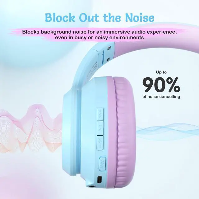 Alt view image 4 of 5 - TONOSHARK Active Noise Cancelling Headphones for Kids, 60H Playtime,Purple Wireless Bluetooth Over-Ear Headset Built-in Microphone for Home/School/Travel/Party - Includes Portable Case