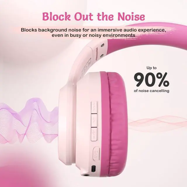 Alt view image 3 of 5 - TONOSHARK Active Noise Cancelling Headphones for Kids, 60H Playtime, Wireless Bluetooth Over-Ear Blue Headset Built-in Microphone for Home/School/Travel/Party - Includes Portable Case (Pink)