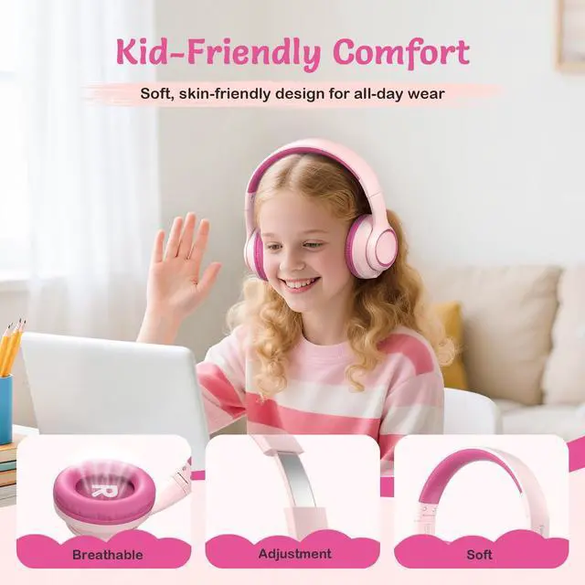 Alt view image 2 of 5 - TONOSHARK Active Noise Cancelling Headphones for Kids, 60H Playtime, Wireless Bluetooth Over-Ear Blue Headset Built-in Microphone for Home/School/Travel/Party - Includes Portable Case (Pink)