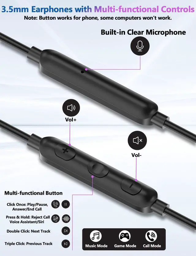 Alt view image 5 of 5 - TOPAUX 3.5mm Jack Headphone, USB C Headphone Wired Earphone for iPhone in-Ear Noise Canceling Magnetic Earbuds with Mic Control School Kid Adult Laptop Android Type C Earphone