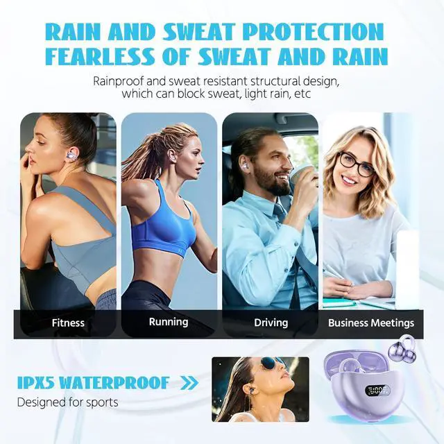 Alt view image 3 of 5 - umgoogoo Open Ear Earbuds Wireless Bluetooth 5.4 with Fashion Ear Hooks Clip on Design Digital Display Waterproof Running Sports Yoga Fitness Gym Headphones(Purple)