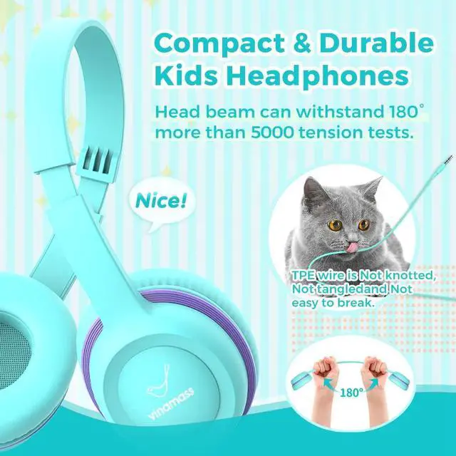 Alt view image 2 of 5 - vinamass Kids Headphones, Wired Headphones for Kid with Safe Volume Limiter, Kid Headphone with Cord 3.5mm Jack, On-Ear Girls Boys Toddler Headphone for School