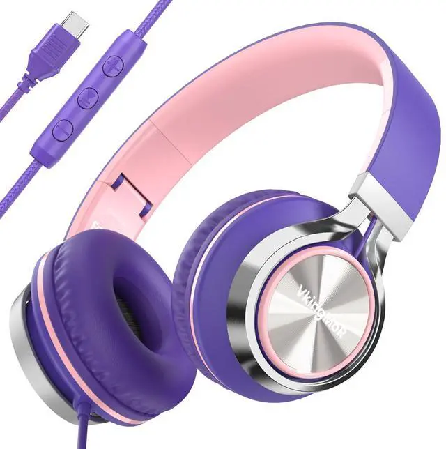 Main image of VkingMoR Wired Headphones with Mic, Type C Headphones, Volume Control Type-C Wired Headphone, Plug in Laptop, Phone, Headphone On Ear(Purple)