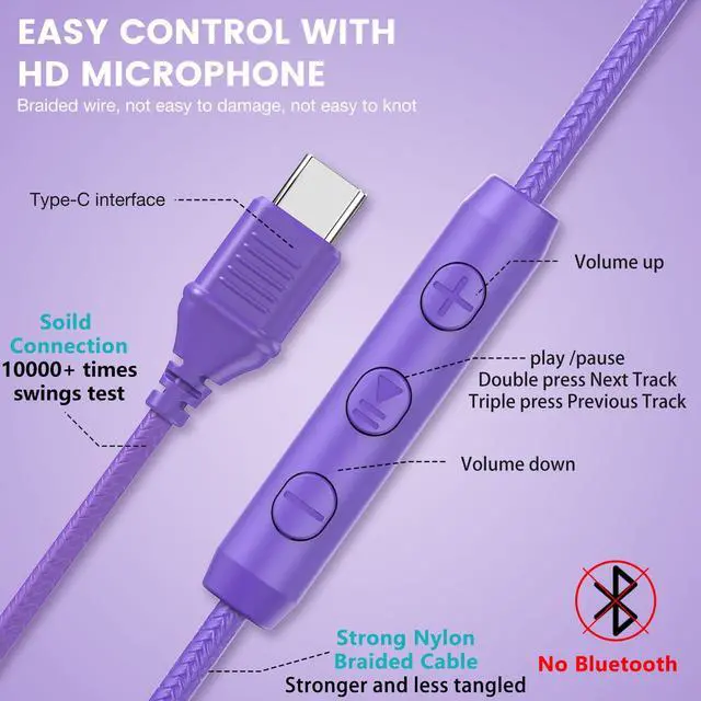 Alt view image 3 of 5 - VkingMoR Wired Headphones with Mic, Type C Headphones, Volume Control Type-C Wired Headphone, Plug in Laptop, Phone, Headphone On Ear(Purple)