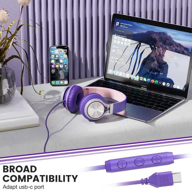 Alt view image 4 of 5 - VkingMoR Wired Headphones with Mic, Type C Headphones, Volume Control Type-C Wired Headphone, Plug in Laptop, Phone, Headphone On Ear(Purple)