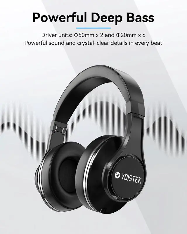 Alt view image 2 of 4 - Voistek Wireless Over-Ear Headphones 8 Drivers Over Ear Bluetooth Headphones with Microphones Deep Bass HiFi Audio 40 Hours Playtime Foldable Earcups Headsets for Travel Home Office Phone PC - Black