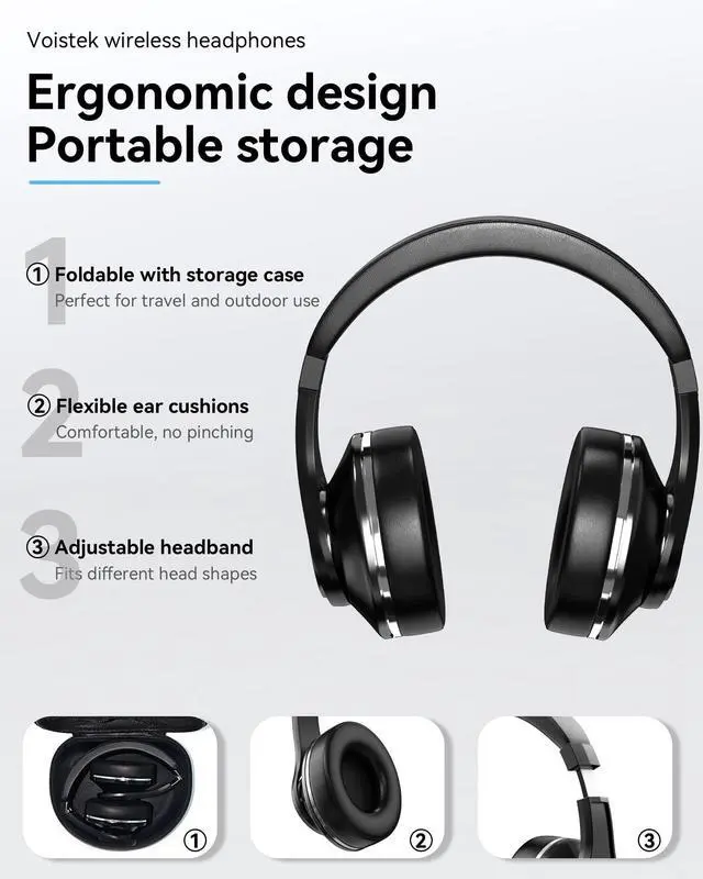 Alt view image 4 of 4 - Voistek Wireless Over-Ear Headphones 8 Drivers Over Ear Bluetooth Headphones with Microphones Deep Bass HiFi Audio 40 Hours Playtime Foldable Earcups Headsets for Travel Home Office Phone PC - Black