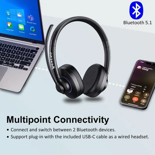 Alt view image 3 of 5 - Bluetooth Headset with Noise Cancelling Microphone & Mic Mute, 30H+ Talking Time Wireless Headset V5.1 Bluetooth Headphone for Work/Ms Teams/Zoom/Cell Phone/Laptop/Call Center/Office/Home