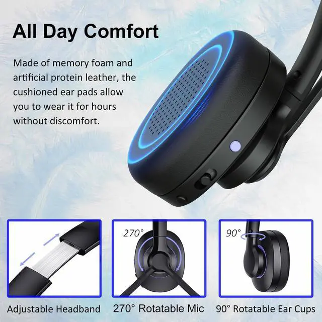 Alt view image 4 of 5 - Bluetooth Headset with Noise Cancelling Microphone & Mic Mute, 30H+ Talking Time Wireless Headset V5.1 Bluetooth Headphone for Work/Ms Teams/Zoom/Cell Phone/Laptop/Call Center/Office/Home