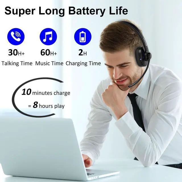 Alt view image 5 of 5 - Bluetooth Headset with Noise Cancelling Microphone & Mic Mute, 30H+ Talking Time Wireless Headset V5.1 Bluetooth Headphone for Work/Ms Teams/Zoom/Cell Phone/Laptop/Call Center/Office/Home