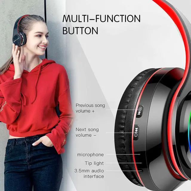 Alt view image 3 of 5 - YTDTKJ Bluetooth Over Ear Headphones, Foldable LED Stereo Headphones with Built-in Microphone, Noise-Cancelling Wireless Headset for PC/Smart Phone/TV (Black & Red)