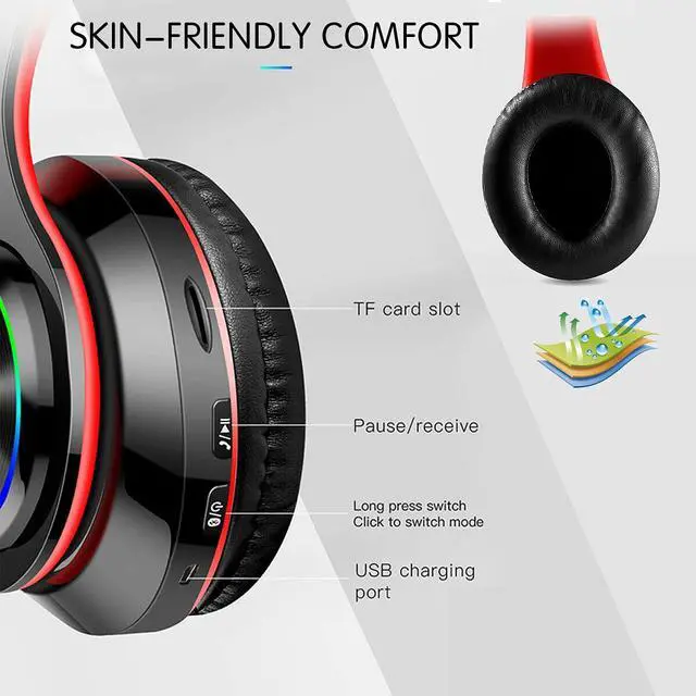 Alt view image 4 of 5 - YTDTKJ Bluetooth Over Ear Headphones, Foldable LED Stereo Headphones with Built-in Microphone, Noise-Cancelling Wireless Headset for PC/Smart Phone/TV (Black & Red)