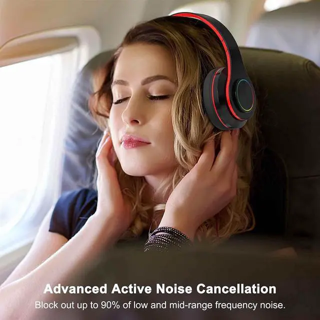 Alt view image 5 of 5 - YTDTKJ Bluetooth Over Ear Headphones, Foldable LED Stereo Headphones with Built-in Microphone, Noise-Cancelling Wireless Headset for PC/Smart Phone/TV (Black & Red)