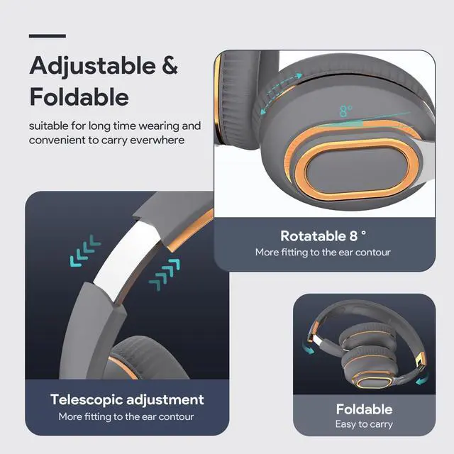 Alt view image 5 of 5 - YPENSLZX Bluetooth Headphones, Foldable Wireless Over-Ear Headphones with Hidden Mic for Cell Phone, Laptop, PC, Suitable for Music, School, Workouts, and Gaming (Grey)