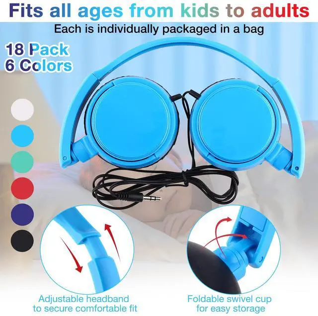 Alt view image 2 of 5 - Yunsailing 18 Pack Classroom Headphones Bulk Student Wired Class Headphones Set for Kids School with Individually Wrapped Adjustable Over Ear Head Earbuds(Multicolor)