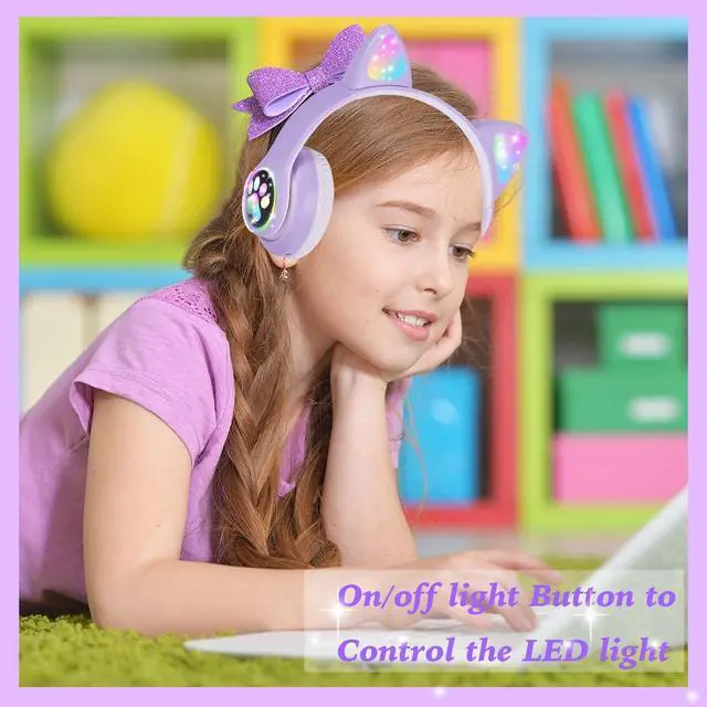 Alt view image 2 of 5 - kuyaon Wireless Cat Ear Headphones for Kids, LED Light Up Kids Girls Bluetooth Headphones with Microphone for School/Travel/Sports/Gaming/Gifts/Christmas (Purple)