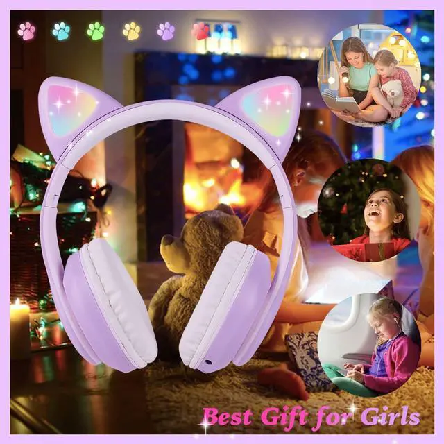 Alt view image 4 of 5 - kuyaon Wireless Cat Ear Headphones for Kids, LED Light Up Kids Girls Bluetooth Headphones with Microphone for School/Travel/Sports/Gaming/Gifts/Christmas (Purple)