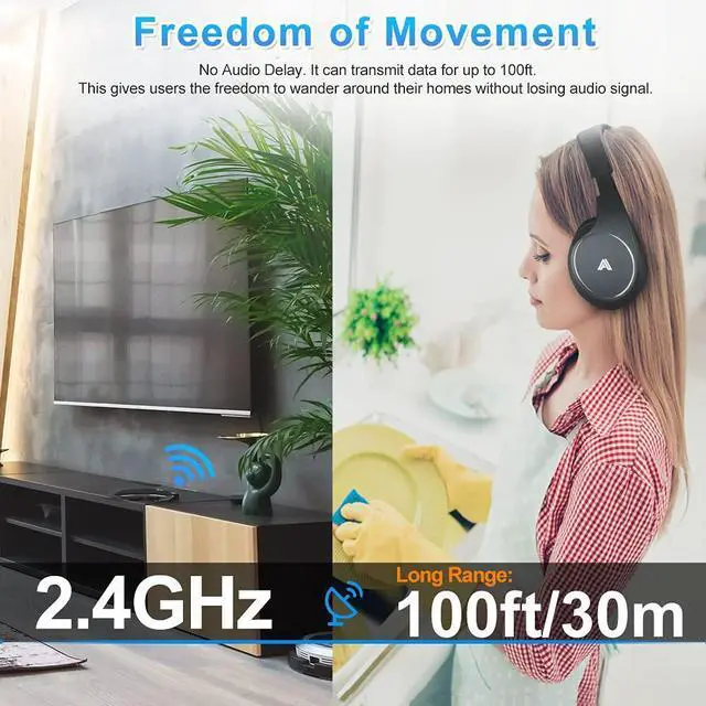 Alt view image 4 of 5 - Wireless Headphones for TV Watching, Folding Over Ear Headphones with 2.4GHz RF Transmitter Support Optical RCA AUX, No Audio Delay, 100ft Wireless Range (Blackness)
