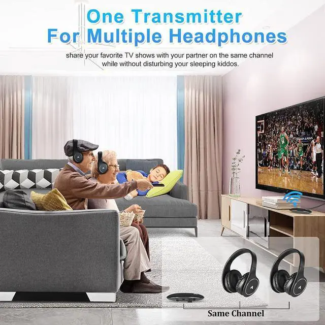 Alt view image 5 of 5 - Wireless Headphones for TV Watching, Folding Over Ear Headphones with 2.4GHz RF Transmitter Support Optical RCA AUX, No Audio Delay, 100ft Wireless Range (Blackness)