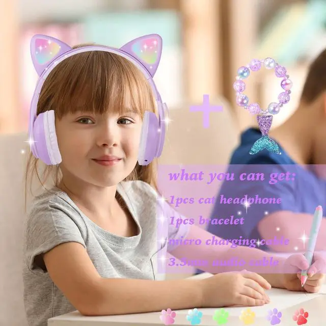 Alt view image 3 of 5 - kuyaon Wireless Cat Ear Headphones for Kids, LED Light Up Kids Girls Bluetooth Headphones with Microphone for School/Travel/Sports/Gaming/Gifts/Christmas (Purple)