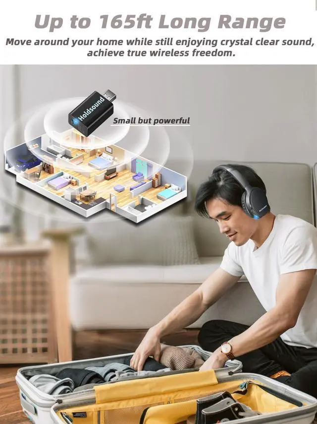 Alt view image 3 of 5 - Holdsound Wireless Headphones for TV, BKM400 TV Headphones Wireless with USB Transmitter, Plug & Play, 165FT Long Range, No Delay, 20 Hours, Louder and Clearer