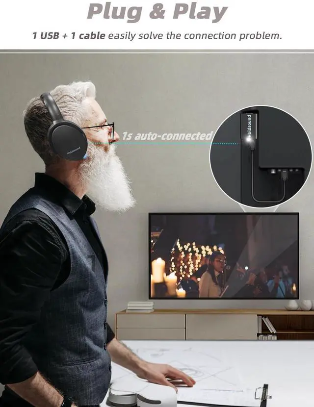 Alt view image 4 of 5 - Holdsound Wireless Headphones for TV, BKM400 TV Headphones Wireless with USB Transmitter, Plug & Play, 165FT Long Range, No Delay, 20 Hours, Louder and Clearer