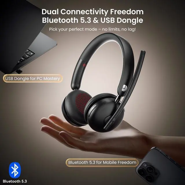 Alt view image 3 of 5 - Dytole Bluetooth 5.3 Headset, Wireless Headset with Mic for Work (AI Noise Cancelling), Wireless Headphones with Mic & USB Dongle, 65H & Mute Function, Fit for PC/Call Center/Computer/Laptop/Teams