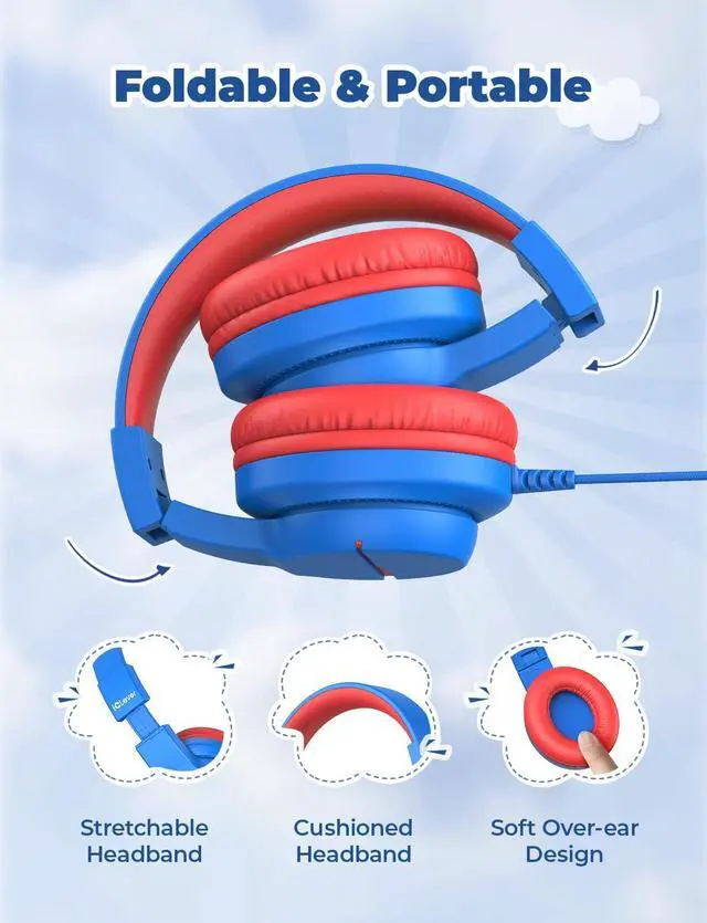 Alt view image 5 of 5 - iClever Kids Headphones for School Travel, Safe Volume Limited, HD Mic Stereo Sound Over-Ear Girls Boys Headphones for Kid, FunShare Foldable 3.5mm Wired for iPad Computer, HS19