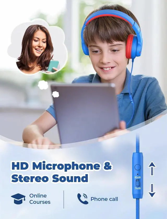 Alt view image 4 of 5 - iClever Kids Headphones for School Travel, Safe Volume Limited, HD Mic Stereo Sound Over-Ear Girls Boys Headphones for Kid, FunShare Foldable 3.5mm Wired for iPad Computer, HS19