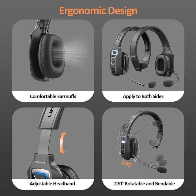 Alt view image 5 of 5 - LEVN Bluetooth Headset with Microphone, Trucker Bluetooth Headset with AI Noise Cancelling & Mute Button, Wireless On-Ear Headphones 60 Hrs Working Time, for Trucker Home Office Remote Work Zoom
