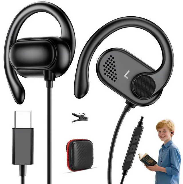 Main image of COOYA USB C Open Ear Headphones for Kids Teens School with Mic Volume Control Type-C Wired Earphones for iPad 11 A16 10th Air 5 iPhone 16 15 Pixel 9 Pro Tablets Sport Over Ear Headsets Adjustable Hook