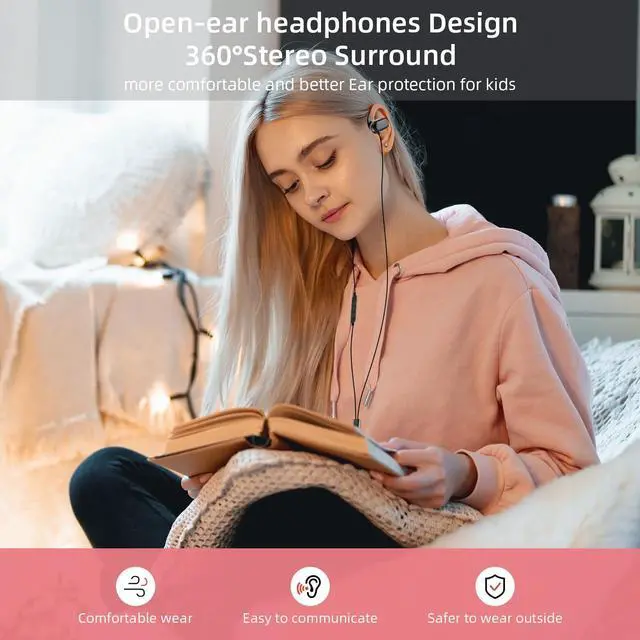 Alt view image 2 of 5 - COOYA USB C Open Ear Headphones for Kids Teens School with Mic Volume Control Type-C Wired Earphones for iPad 11 A16 10th Air 5 iPhone 16 15 Pixel 9 Pro Tablets Sport Over Ear Headsets Adjustable Hook