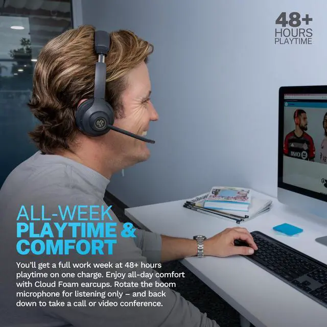 Alt view image 4 of 5 - JLab Go Work Gen 2 Wireless Headsets with Microphone - 55+ Playtime PC Bluetooth Headset and Multipoint Connect to Laptop Computer and Mobile - Wired or Wireless (Bluetooth or USB Dongle) Headphones