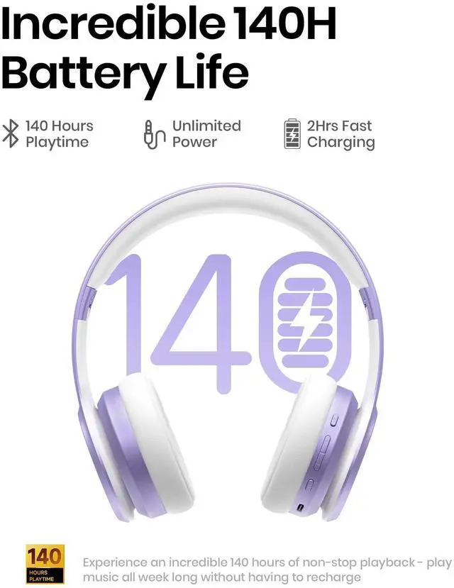 Alt view image 3 of 5 - Picun Solo6 Wireless Bluetooth Headphones, 5EQ Music Mode, On-Ear Headphone with Built-in Microphone, Foldable Headset with 140H Battery Life, App Control for Girls, Home, School, Travel (Purple)
