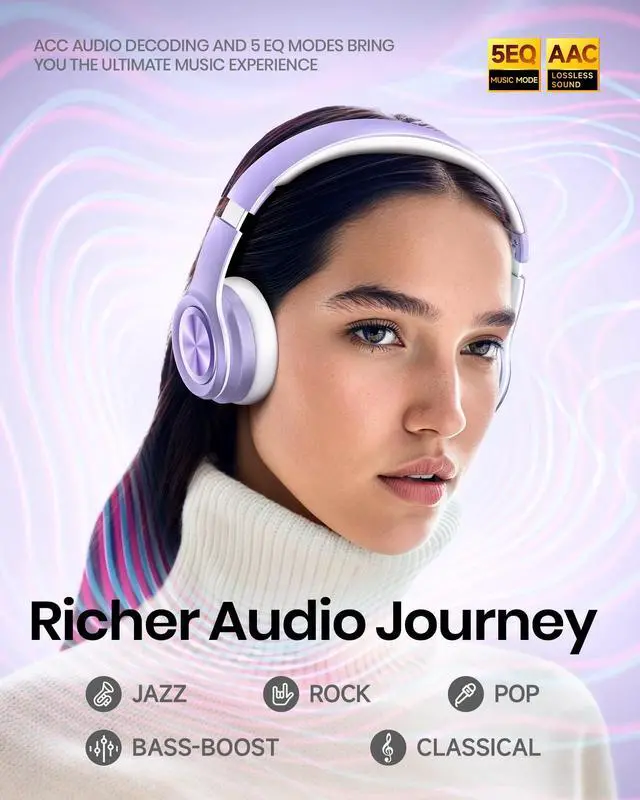 Alt view image 2 of 5 - Picun Solo6 Wireless Bluetooth Headphones, 5EQ Music Mode, On-Ear Headphone with Built-in Microphone, Foldable Headset with 140H Battery Life, App Control for Girls, Home, School, Travel (Purple)