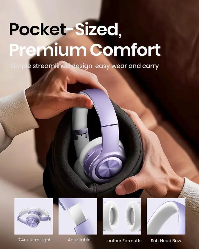 Alt view image 4 of 5 - Picun Solo6 Wireless Bluetooth Headphones, 5EQ Music Mode, On-Ear Headphone with Built-in Microphone, Foldable Headset with 140H Battery Life, App Control for Girls, Home, School, Travel (Purple)