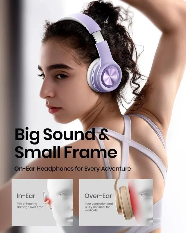 Alt view image 5 of 5 - Picun Solo6 Wireless Bluetooth Headphones, 5EQ Music Mode, On-Ear Headphone with Built-in Microphone, Foldable Headset with 140H Battery Life, App Control for Girls, Home, School, Travel (Purple)