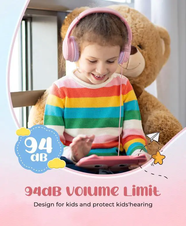 Alt view image 2 of 5 - DyBaxa Kids Headphones, Wired Foldable On-Ear Headphones for Kids, Volume Limiter 94dB, Kid Headphones for School Classes Travel, 3.5mm Jack Kids Headset Compatible Smartphones Tablet, Pink
