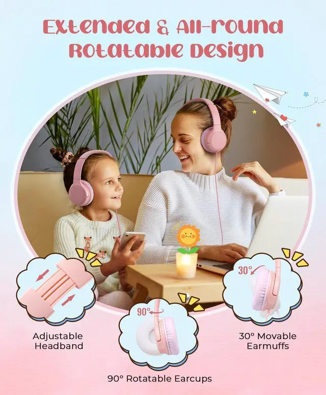 Alt view image 4 of 5 - DyBaxa Kids Headphones, Wired Foldable On-Ear Headphones for Kids, Volume Limiter 94dB, Kid Headphones for School Classes Travel, 3.5mm Jack Kids Headset Compatible Smartphones Tablet, Pink