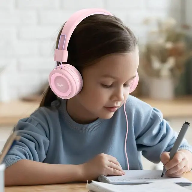 Alt view image 2 of 5 - ELECDER i37 Kids Headphones for School Children Girls Boys Teens Foldable Adjustable On Ear Wired Headphones with 3.5mm Jack for Smartphones Chromebook Laptop Computer PC Tablets Travel, Peach/Purple