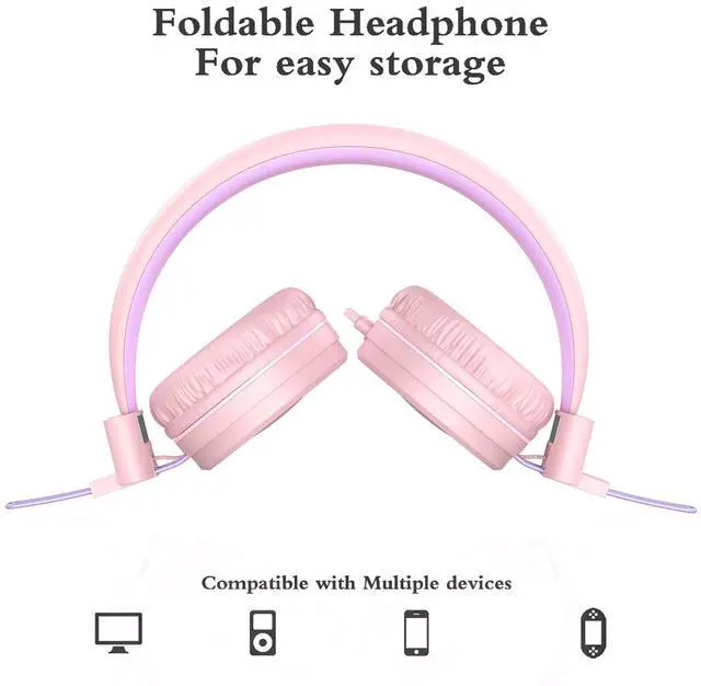 Alt view image 4 of 5 - ELECDER i37 Kids Headphones for School Children Girls Boys Teens Foldable Adjustable On Ear Wired Headphones with 3.5mm Jack for Smartphones Chromebook Laptop Computer PC Tablets Travel, Peach/Purple